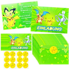 Pack of 12 Cartoon Invitation Cards Children's Birthday, Invitation Cards + Envelopes + Theme Sticker Set, Anime German Birthday Invitation Cards, Invitation Cards Set for Themed Party (Green)