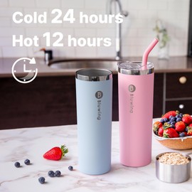 Bluwing 20 oz Stainless Steel Skinny Tumbler with Lid and Straw, Double Wall Insulated Travel Coffee Tumbler, Straw Brushes (White)