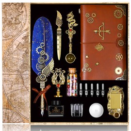 NC Feather Pen Ink Set, Includes Quill Pen, Notebook, 5 Replaceable Nibs, Ink, Pen Holder, Cup, Stamp, Spoon, Wax Beads, White Wax, Envelopes and Letter Paper Etc.Beautiful Gift Calligraphy Set.(Blue)