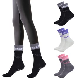 Risipu Non Slip Yoga Socks for Women Anti-skid Long Socks for Yoga, Barre, Ballet, Dance, Barefoot Workout Gym (UK, Alpha, One Size, Regular, Regular, Black+White+Gray)