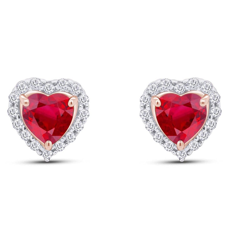 Heart Shape Simulated Ruby & White CZ Stud Earrings In