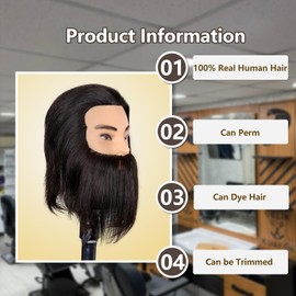 Male Mannequin Head with Beard 100% Real Human Hair Haircut Training Head for Cosmetology Manikin Head Doll Head with Stand Practice Cutting Styling,Barber Shop,Cosmetology School