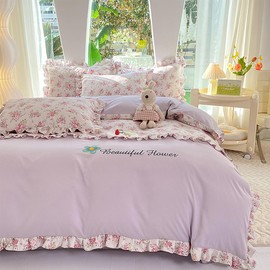 GETIYA Romantic Purple Bed Linen 135 x 200 cm Floral Bed Linen with Ruffles Microfibre Duvet Cover Floral Pattern Ruffle Bed Linen Girls Ladies Single Bed Duvet Cover with 1 Pillowcase 80 x 80 cm