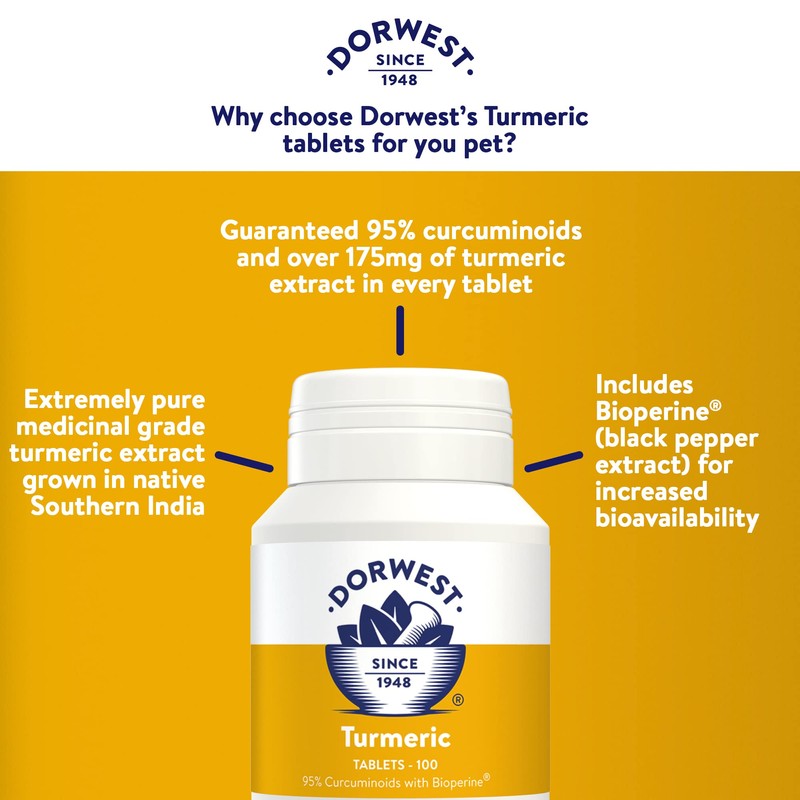 Dorwest Turmeric Tablets for Dogs and Cats, 100 Tablets, Easy-To-Absorb