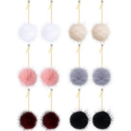 Hicarer 6 Pairs Pom Pom Dangle Earrings, Faux Fur Ball Earrings with Rhinestone, Lightweight & Comfortable, 6 Colors, 3.15 Inch Chain, Post with Snap Down, Female Adult, Fur Free