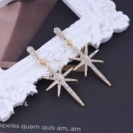 Cimenexe Bohemian Crystal Star Dangle Earrings Gold CZ North Star Earrings Large CZ Paved Starburst Earrings Rhinestone Star Drop Earrings Jewellery for Women and Girls, Zinc, No Gemstone