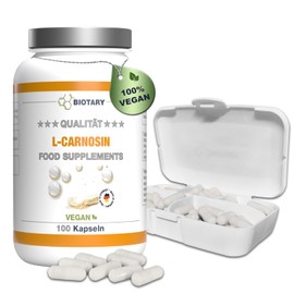 BIOTARY L-Carnosine 100 Capsules, 1000 mg High Dosage, Includes Pill Box, 100% Vegan, High Dose and No Additives, High Bioavailability, Laboratory Tested, Made in Germany