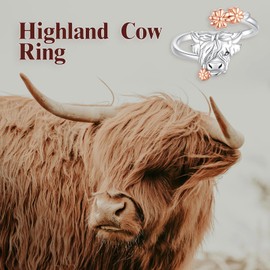 BEILIN Highland Cow Open Ring - 925 Sterling Silver Cute Animal Adjustable Rings Cow Jewelry Gift for Birthday Mother‘s Day, white, Sterling Silver, Cubic Zirconia