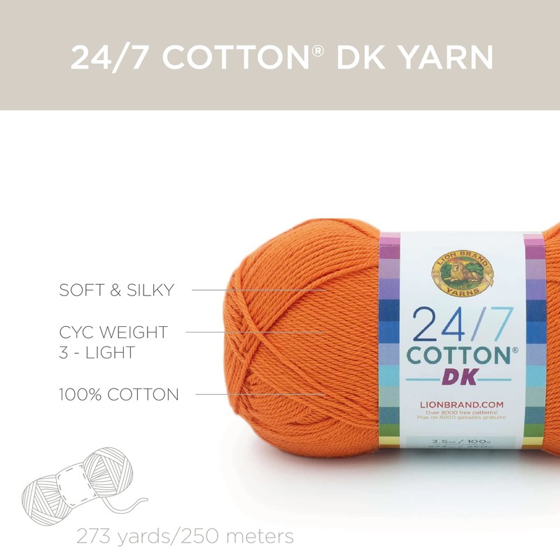 Lion Brand Yarn 24/7 Cotton DK Yarn, 1 Pack, TAMARIN