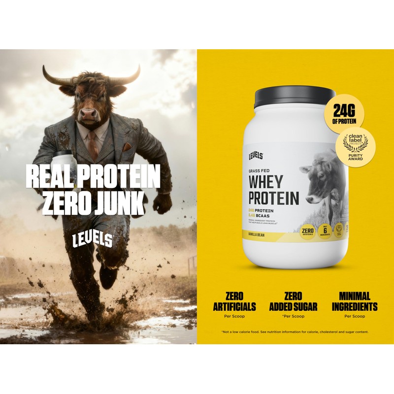 Levels Grass Fed Whey Protein Powder, No Artificials, 24G of