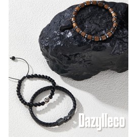 Dazylleco Pack of 3 Pearl Bracelets for Men Natural Stone Bracelet Black Stainless Steel Leather Bracelet Adjustable Jewellery Set Men's Gift Father's Day for Men, Stone, No gemstone