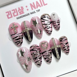 Bad Gyaru Pink Handmade Nail Tips - Stiletto / 불량 갸루 핑크 수제네일팁 - 스텔레토
