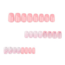 Pink Press on Nails Short Fake Nails Star Stripe Stick on Nails French Tip False Nails with designs Acrylic Artificial Nails Full Cover Bling Glue on Nails Cute Nails for Women Reusable Nails 24pcs