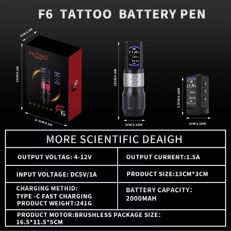 YILONG F6 Wireless Tattoo Pen Powerful Brushless Tattoo Machine Motor