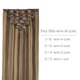 WENNALIFE Clip in Hair Extensions Real Human Hair, 20 Inch 120g 7pcs Human Hair Extensions Clip In Human Hair, Balayage Chocolate Brown to Caramel Blonde Hair Extensions Clip In Real Hair Coloured