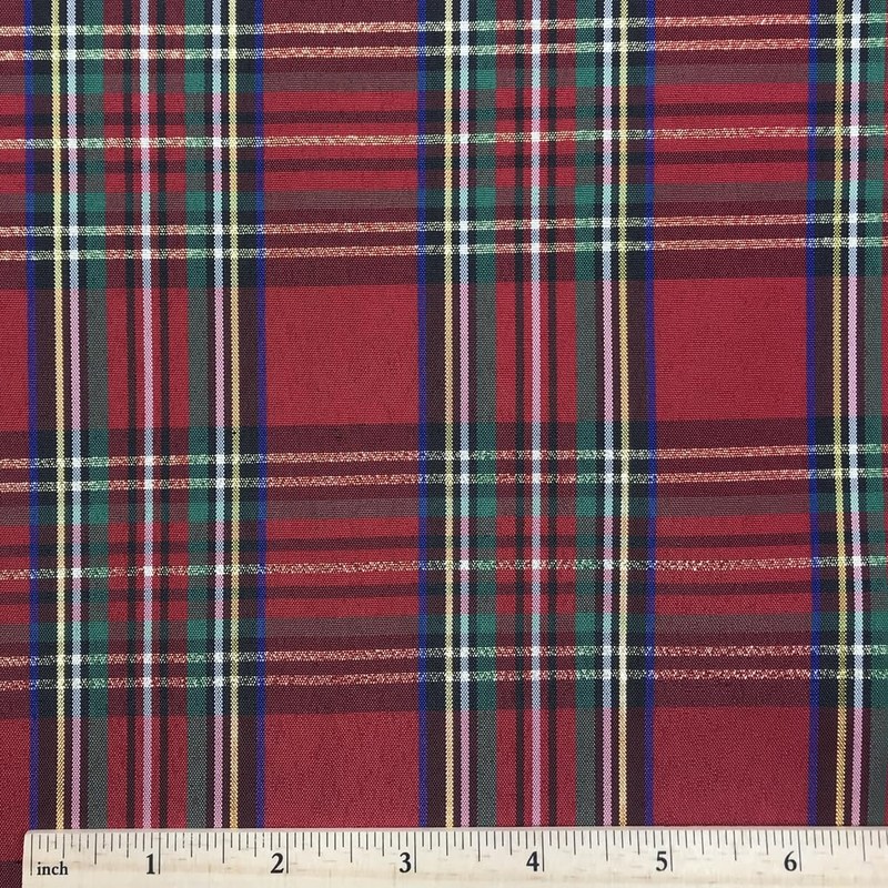 Red Lurex Tartan Plaid Taffeta Fabric with Metallic Gold, 57"