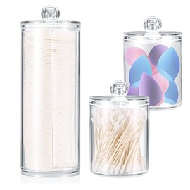 Gaomoeny 3 Pcs Cotton Pad Holder, Bathroom Cotton Wool Bud Holder, Cotton Swab Dispenser, Makeup Organizer Holder, Clear Acrylic Q-Tips Cosmetic Storage Jars Organiser Canisters Containers with Lids