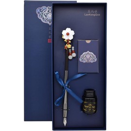 Juego de pluma estilográfica de pelo chino con convertidor de tinta, tinta negra y cartucho de tinta de 5 colores, caja de regalo azul, cuentas rojas
