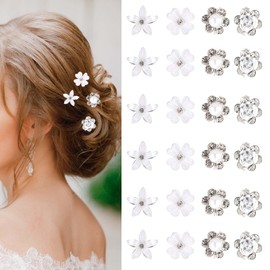 MBAIYO 24Pcs Mini White Flower Hair Clips, Cute Rhinestone Floral Hair Clips Small Flower Pearl Hairpins Wedding Bridal Barrettes Accessories Decorative Hairpins for Women Gifts