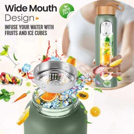 Aqulea 32 Oz Borosilicate Glass Water Bottle with Times to Drink | BPA Free - Reusable Wide Mouth Glass Motivational Water Bottles with Infuser & Silicone Sleeve – 32 oz Water Bottle with Time Marker