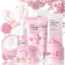 Sakura Skincare Set Frauen Geschenk - Japanese Skin Care Set - Hautpflege Beauty set Mädchen - Anti Aging & Nährend Gesichtspflege Damen Set -Teenager Mädchen Geschenke - Mit Schlammmasken,Serum,Creme