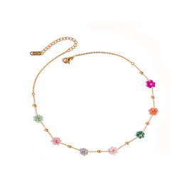 IMINI Daisy Necklace for Women and Girls Stainless Steel Colourful Small Flowers Collar Necklace 18K Gold Plated Delicate Jewellery Gift, Stainless Steel, No Gemstone