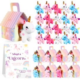 Blueweenly 145 Pcs Unicorn Party Favors Set for Girls Mini Plush Unicorn Stuffed Animal Gift Box Adoption Cards 1 Animal Sign with Carton House for Adopt a Pet Party Favor Birthday Supply (Cute)