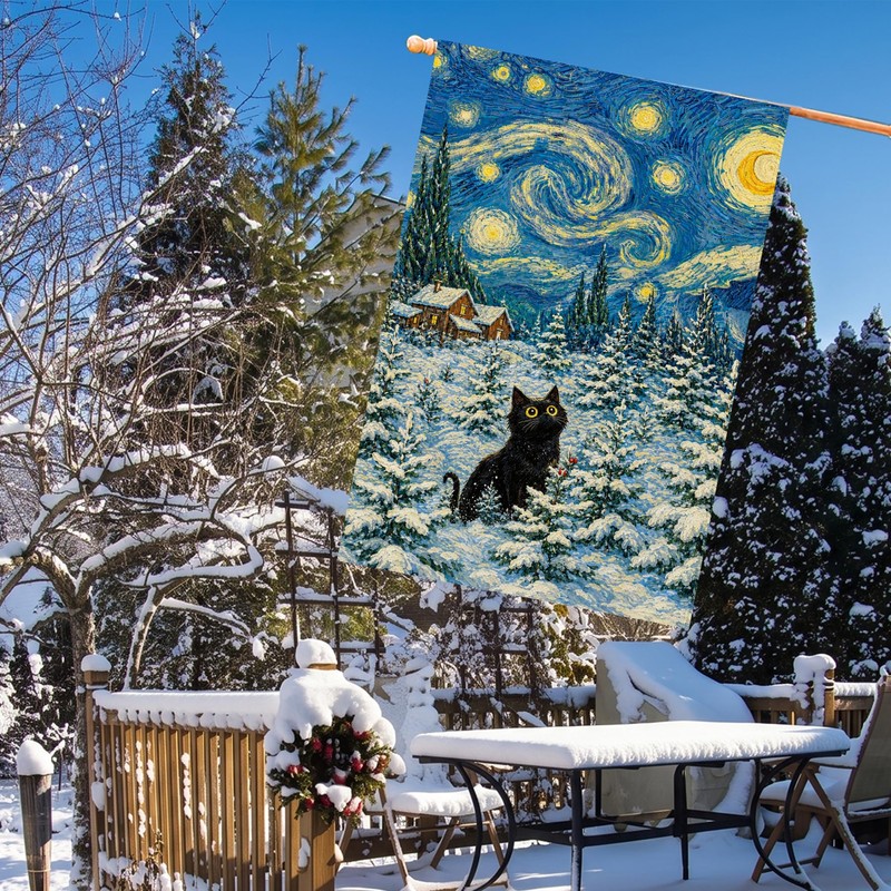 Christmas House Flag 28x40 Inch Large Winter Black Cat Farmhouse
