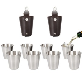 Spldsun Pack of 8 Stainless Steel Cups, Metal Hip Flask Cups, Drinking Cups, Stainless Steel Cups, for Home, Outdoor, Camping, Travel (70 ml, with Leather Case)