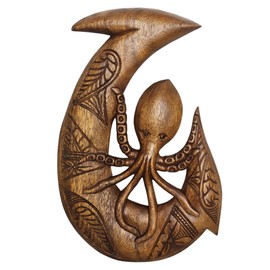 Beautiful Unique Hand Carved OCTOPUS on HOOK Nautical Tropical Coastal Island Style Wood Wall Art Picture Plaque