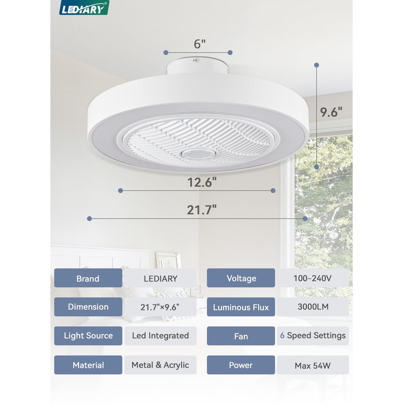 LEDIARY 22in Enclosed Ceiling Fan with Light and Remote, White