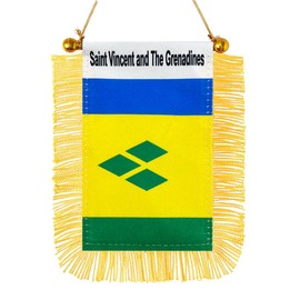 JBSJBS Saint Vincent and The Grenadines Hanging Flag Mini Small St. Vincent Car Window Flags Banners Rearview Mirror Décor Saint Vincent Flags with Suction Cup Golden Fringed Double Sided 3 X 5 Inch