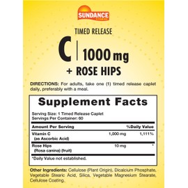 Sundance Vitamin C 1000mg with Rose Hips | 60 Coated Caplets | Timed Release | Vegetarian, Non-GMO, and Gluten Free Supplement
