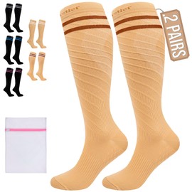 360 RELIEF 360 RELIEF 2 Pairs Compression Socks for Women Men, 15-20 mmHg Supports Blood Circulation, Travel Flight Socks, Varicose Veins, Pregnancy Stockings S/M, Beige with 2 Dark brown lines + Laundry Bag