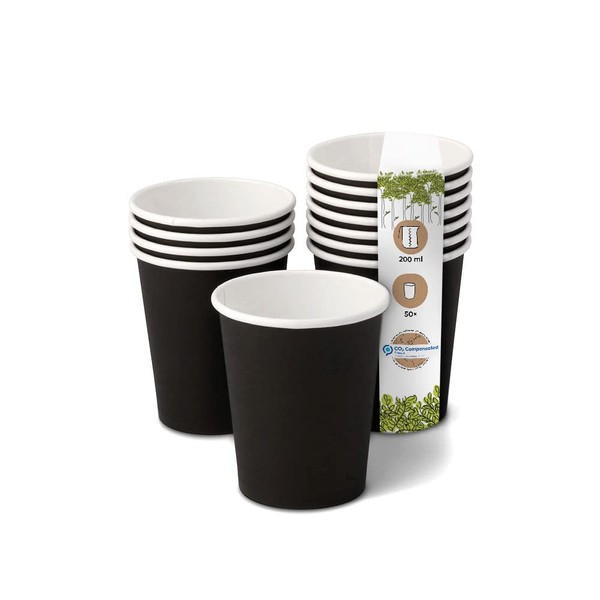 BIOZOYG Organic Paper Cups, Disposable Tableware, Drinking Cups, Paper Cups, Compostable and Biodegradable Cups, Black, Unprinted, Environmentally Friendly Coffee Cups, Pack of 50, 200 ml, 8 oz