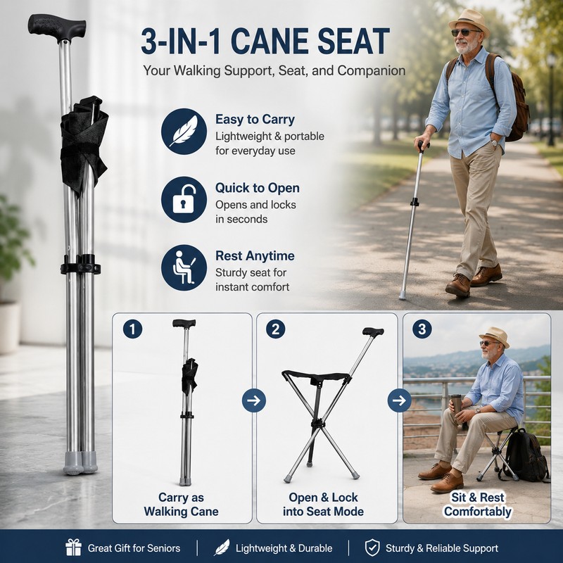 Folding Cane Seat for Outdoor Walking – Lightweight Walking Stick
