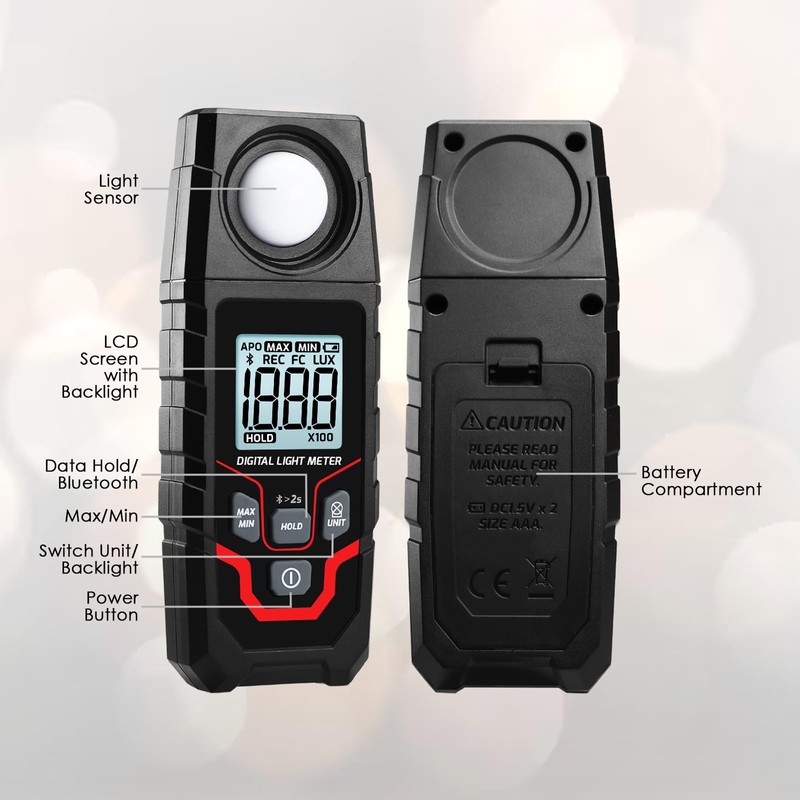 Bluetooth Lux Meter Light Meter, 0.1~200,000Lux Range Light Meter for