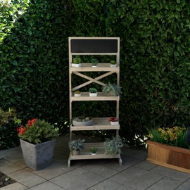 Alpine Corporation MBB164 Wood 4-Tier Storage Organizer with Chalkboard, Rustic Wooden Display Rack for Books, Plants, Decor