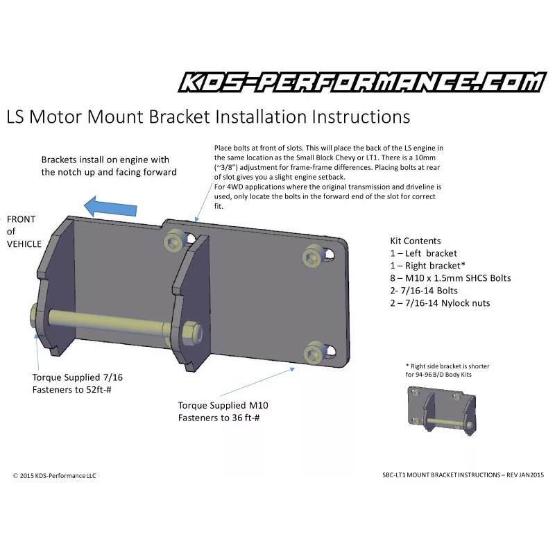 KDS Performance LS Swap Motor Mount Bracket 1994-1996 GM Caprice
