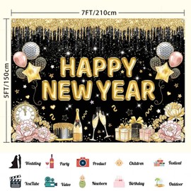 LDWLYW Happy New Year Banner New Years Backdrop for New Years Eve Party Supplies 2025 Happy New Years Decorations Black and Gold New Years Eve Background Wall Decor Photo Props 7x5ft