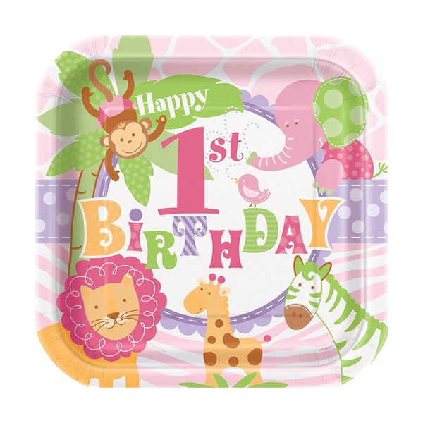 Unique Party 42555 - 23cm Square Pink Safari 1st Birthday