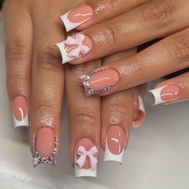 NEWSPIED Short French Tip Press on Nails Square False Nails Nude Pink Glue on Nails Designs Bow Rhinestones Fake Nails White Nail Tips Full Cover Artificial Stick on Nails for Women Manicure