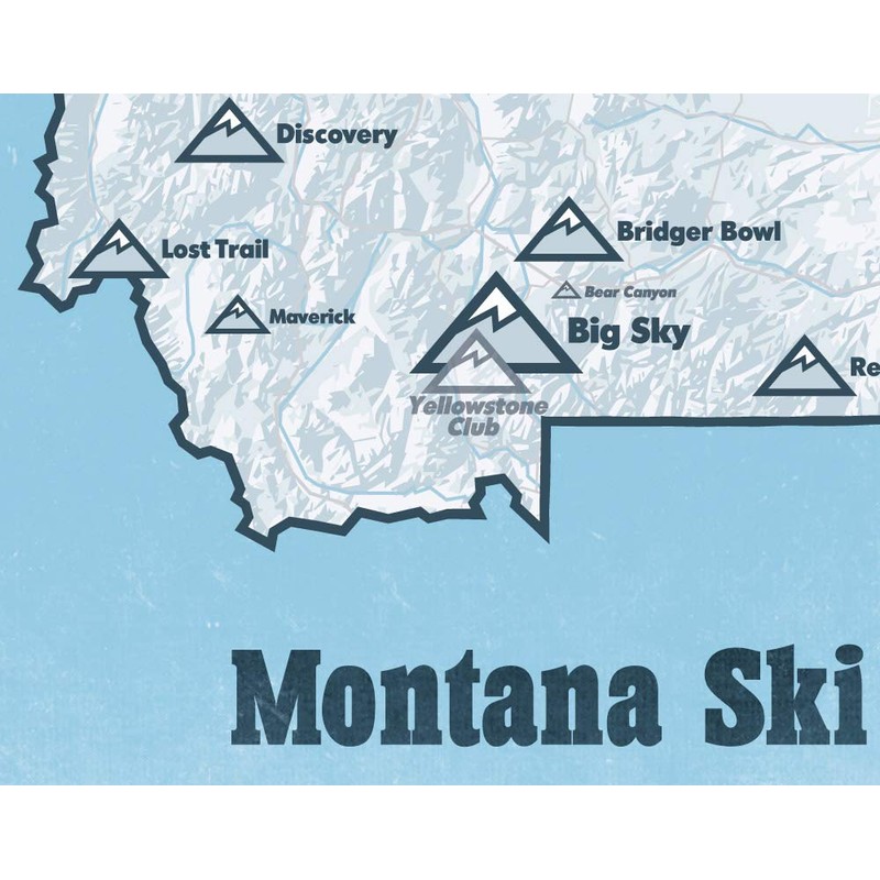 Montana Ski Resorts Map 11x14 Print (White & Light Blue)