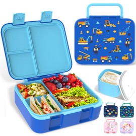 Anyiner Kids Lunch Box, Leakproof Bento Lunch Box with Multi-Compartments & Sauce Jar, Portable Snack Box Mermaid Bento Box for Kids Adults Work School, Blue Truck