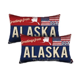 Doraloko Alaska Throw Pillow Cover 12x20 Set of 2, Alaska Decor Gift Souvenir, American Flag License Plate Lumbar Pillowcase, Greetings from The Last Frontier(AK, USA) - Cushion Case Sham, No Inserts