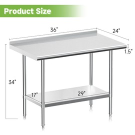 Real Relax Stainless Steel Table with Backsplash, NSF Commercial Heavy Duty Stainless Steel Table for Prep with Adjustable Undershelf, for Indoor & Outdoor- 24" D x 36" W x 34" H