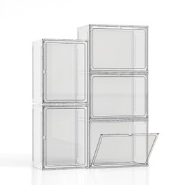 5 Pack Stackable Storage Bins with Lids, Plastic Storage Container with Magnetic Door,Closet Organizers and Storage Boxes, Clear Display Case for Books, Cosmetic, Figure Collectibles, Doll, Bag