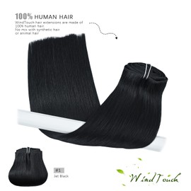 WindTouch Clip In Hair Extensions Black Hair Extensions Human Hair Full Head #1 Jet Black 120g 20Inch 7PCS