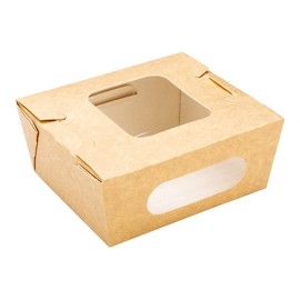 Restaurantware Cafe Vision 12 oz Rectangle Kraft Paper Mini Bio Lunch Box - Two Windows - 4 1/4" x 3 3/4" x 1 3/4" - 50 count box