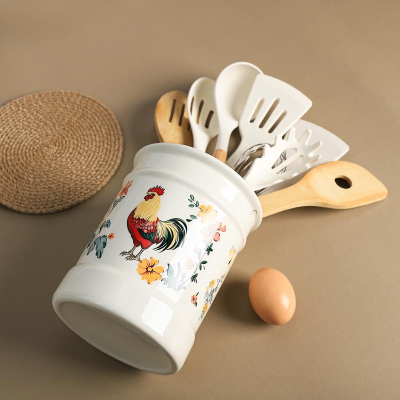 Bicuzat Ceramic Rural Rooster Pattern Kitchen Utensil Holder, Large Cooking